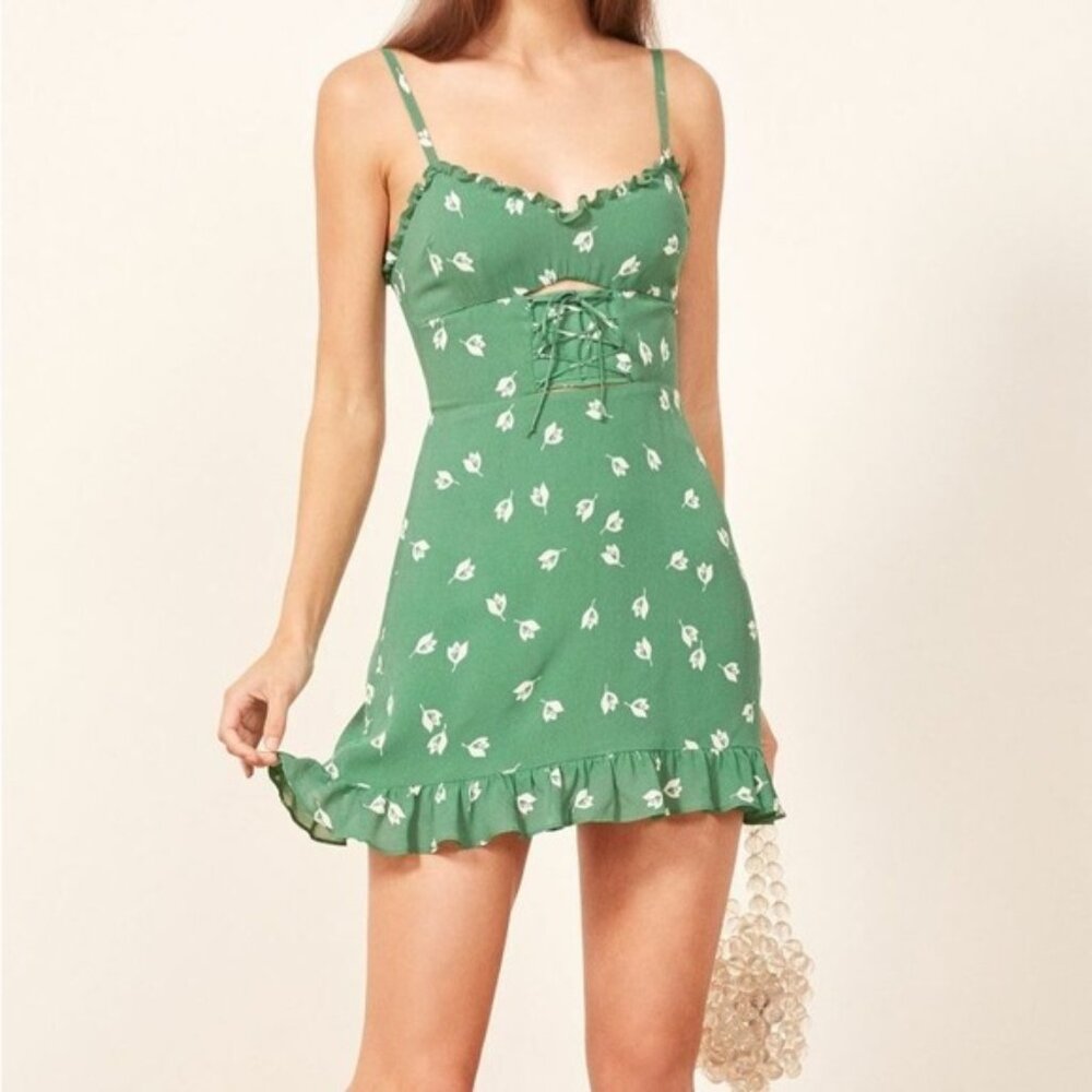 REFORMATION FRANNIE WHITE FLORAL TULIPS GREEN LACE UP TIE BUST 100% RAYON SZ 8